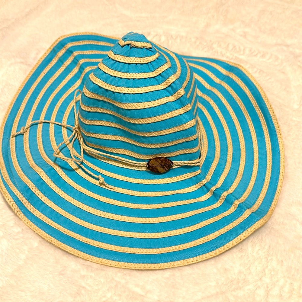 Panama Jack Wide Brimmed Hat.  Turquoise and cream.